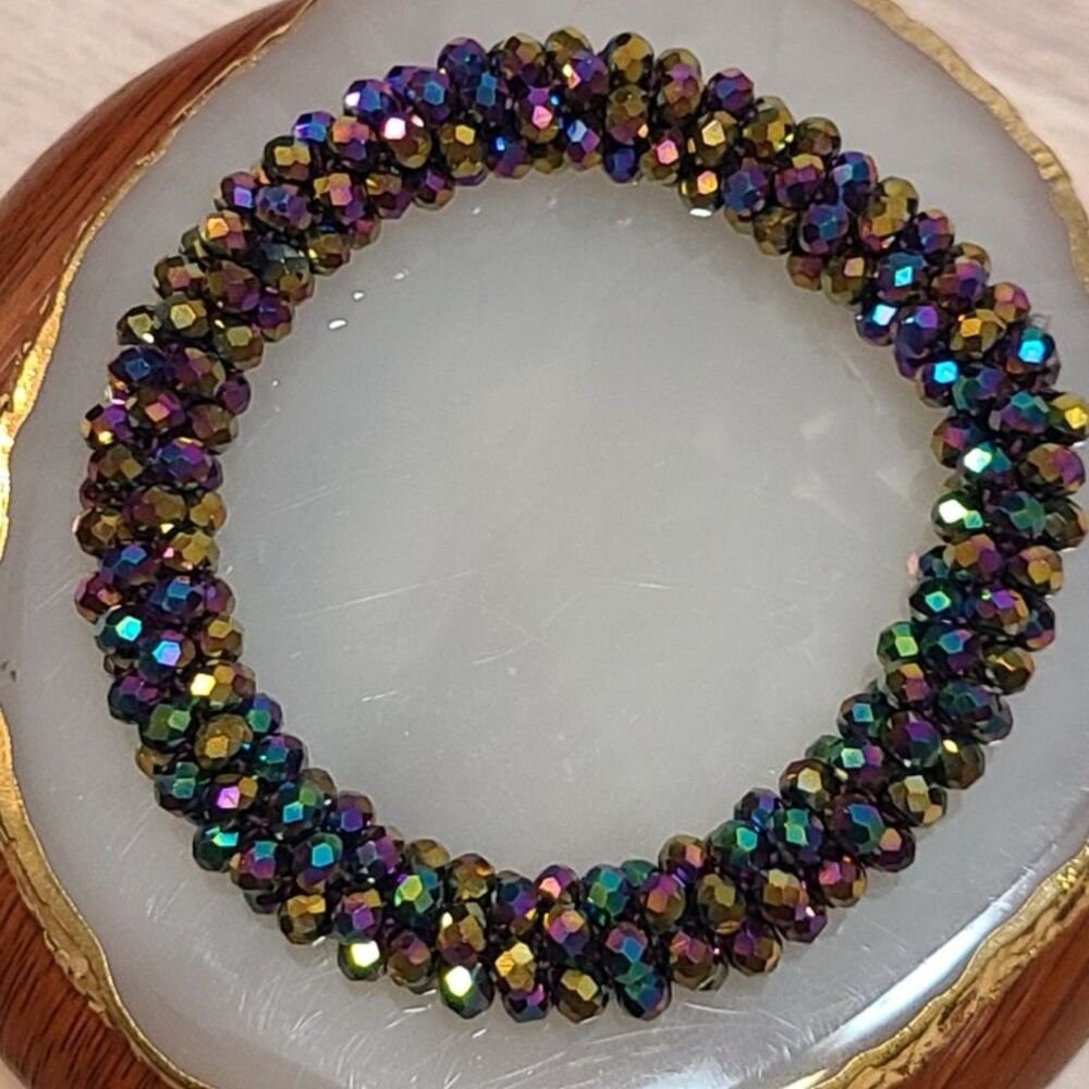 Purple Gold AB Bead Stretch Bracelet Iridescent Faceted Stack Bangle 6.25"